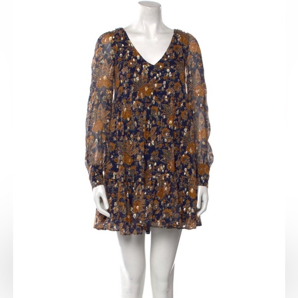 NWOT Sezane Floral Mini Silk-Blend Long-Sleeve Dress 38 - Picture 2 of 11